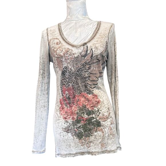 Rustic Royals Tops - Y2K Rustic Rose Rhinestone Shirt Sheer Grunge Skater Top USA Made Sz Small